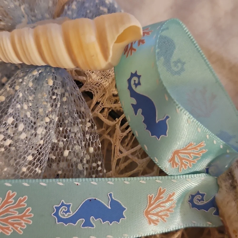 Seashell Ribbon Wreath Handmade Coastal Wall Decor